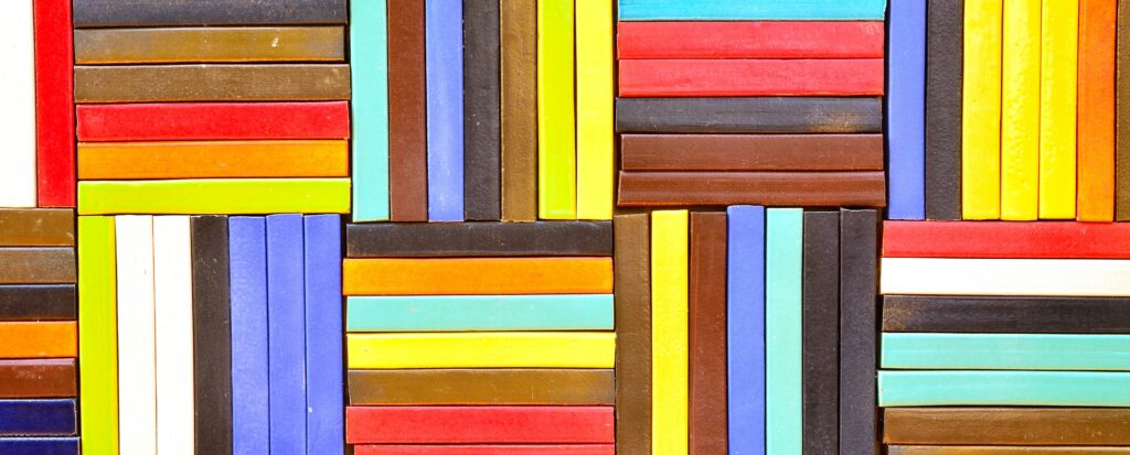 Colorful ceramic tiles form groups and patterns