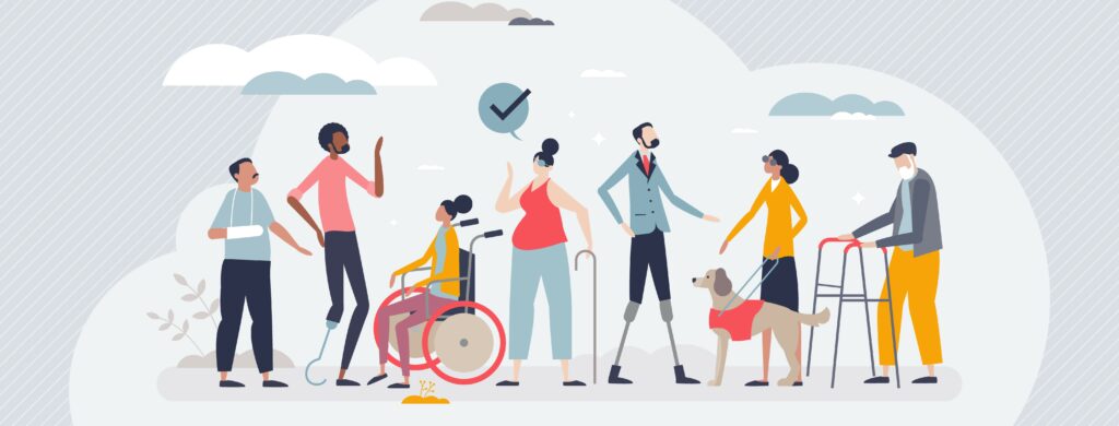 Illustration of a group of people using various assistive devices
