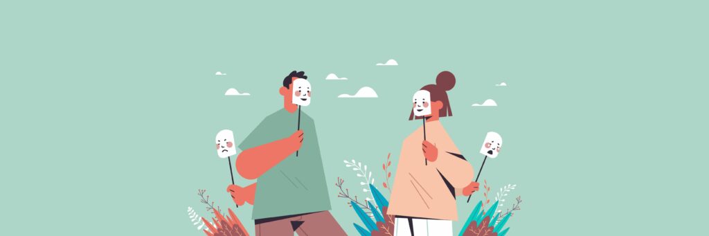 Illustration of a man and a woman facing each other wearing happy masks and hiding sad and angry ones behind their backs