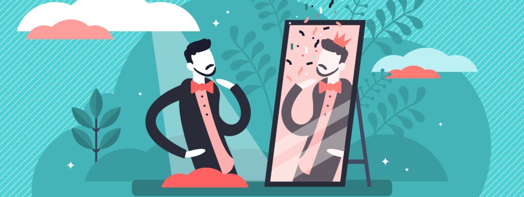 Illustration of a man looking into a mirror with his reflection wearing a crown and confetti being tossed