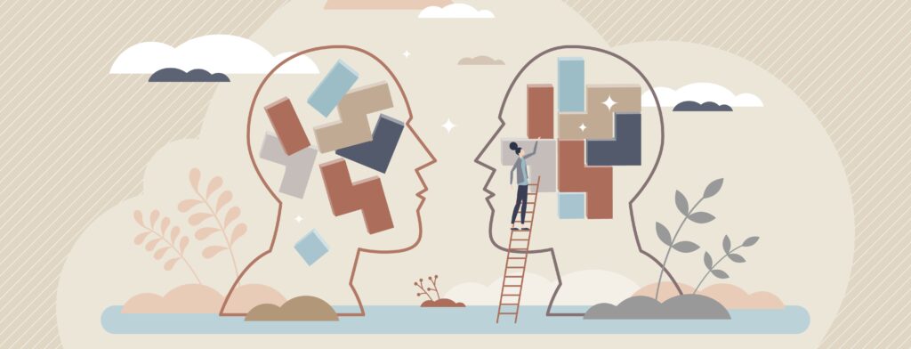 Illustration of two head outlines facing each other, one with unaligned tetris-style pieces in the mind and the other with the pieces organized and fitting together