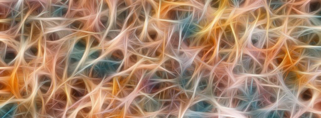 Abstract image of connected pastel bands with light emanating from them similar to synapses in the brain