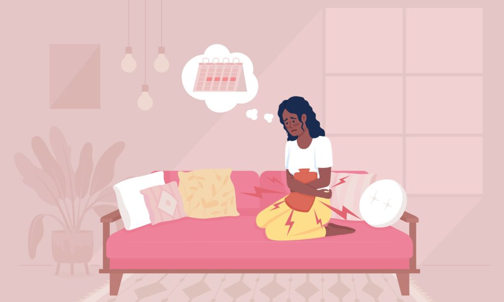 Illustration of a woman sitting on a couch holding a hot water bottle to relieve her cramps