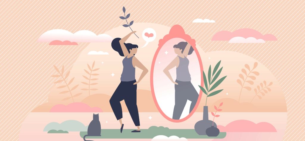 Illustration of a woman looking in a mirror confidently with a heart in a speech bubble
