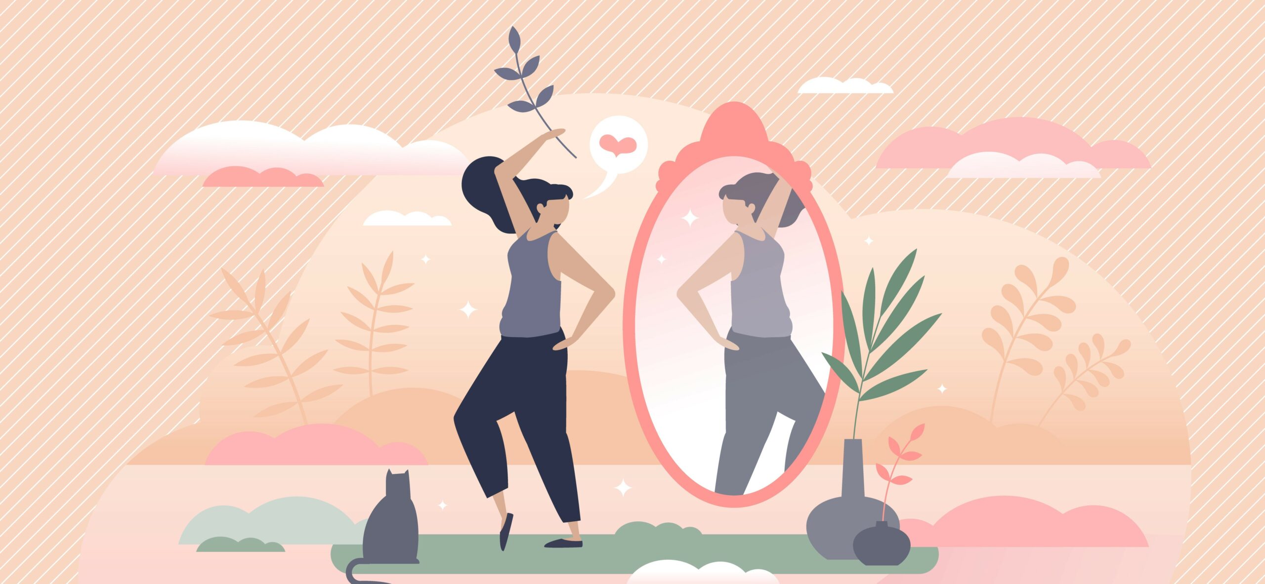 Illustration of a woman looking in a mirror confidently with a heart in a speech bubble
