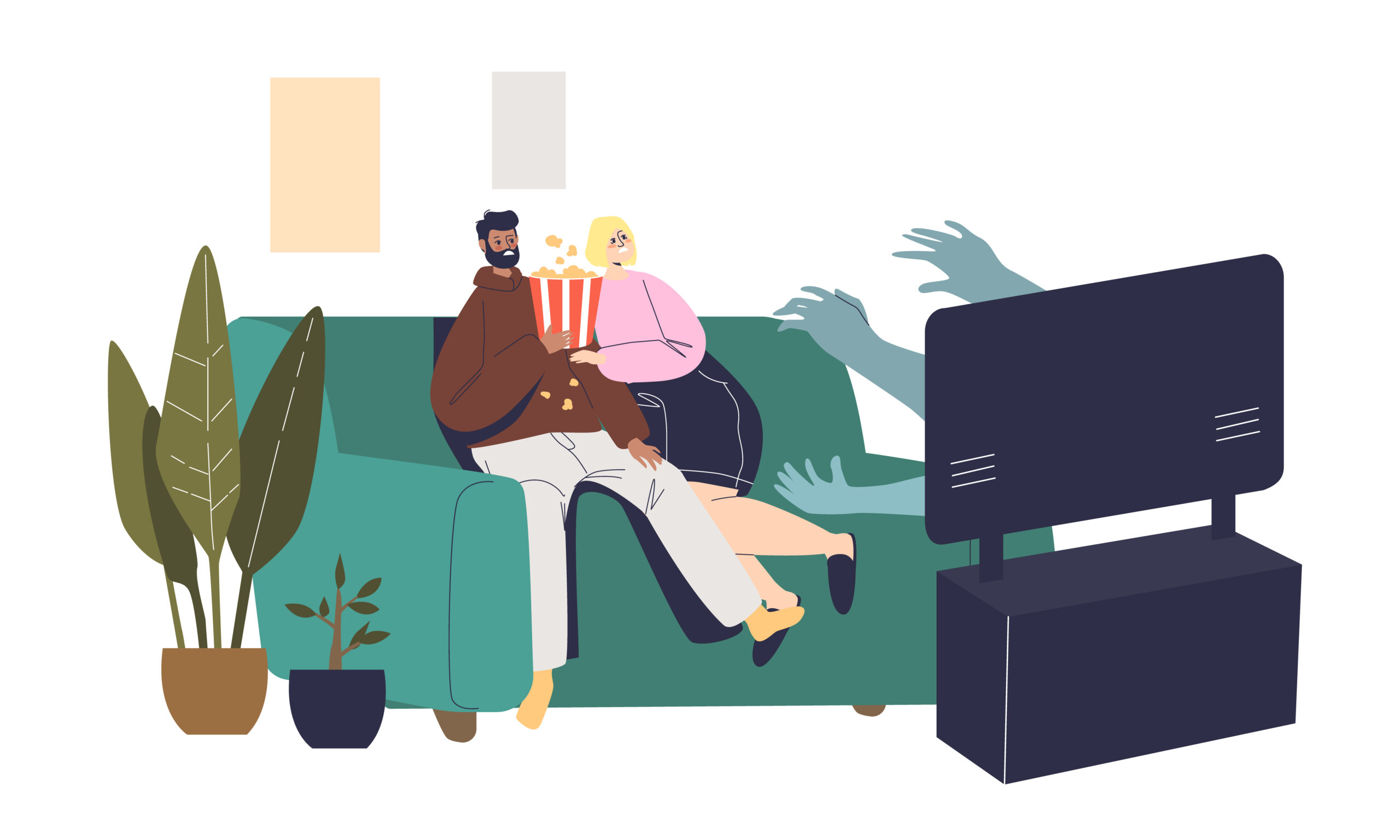 Illustration of a couple sitting on a couch watching a scary movie