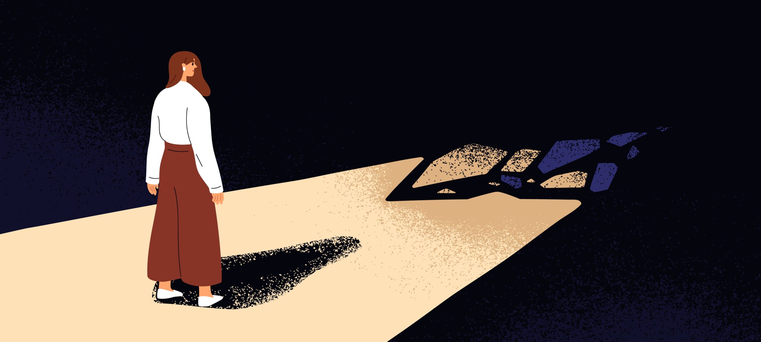 Illustration of a woman standing on a path that fades into darkness and uncertainty