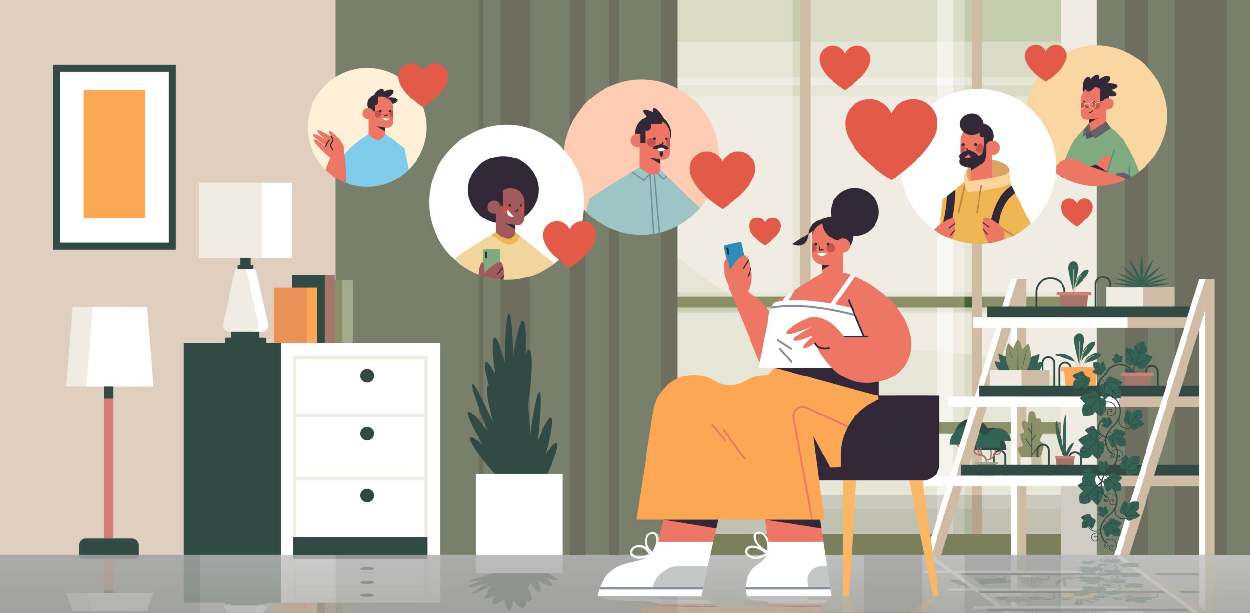 An illustration of a woman on a phone with images of potential matches floating around her