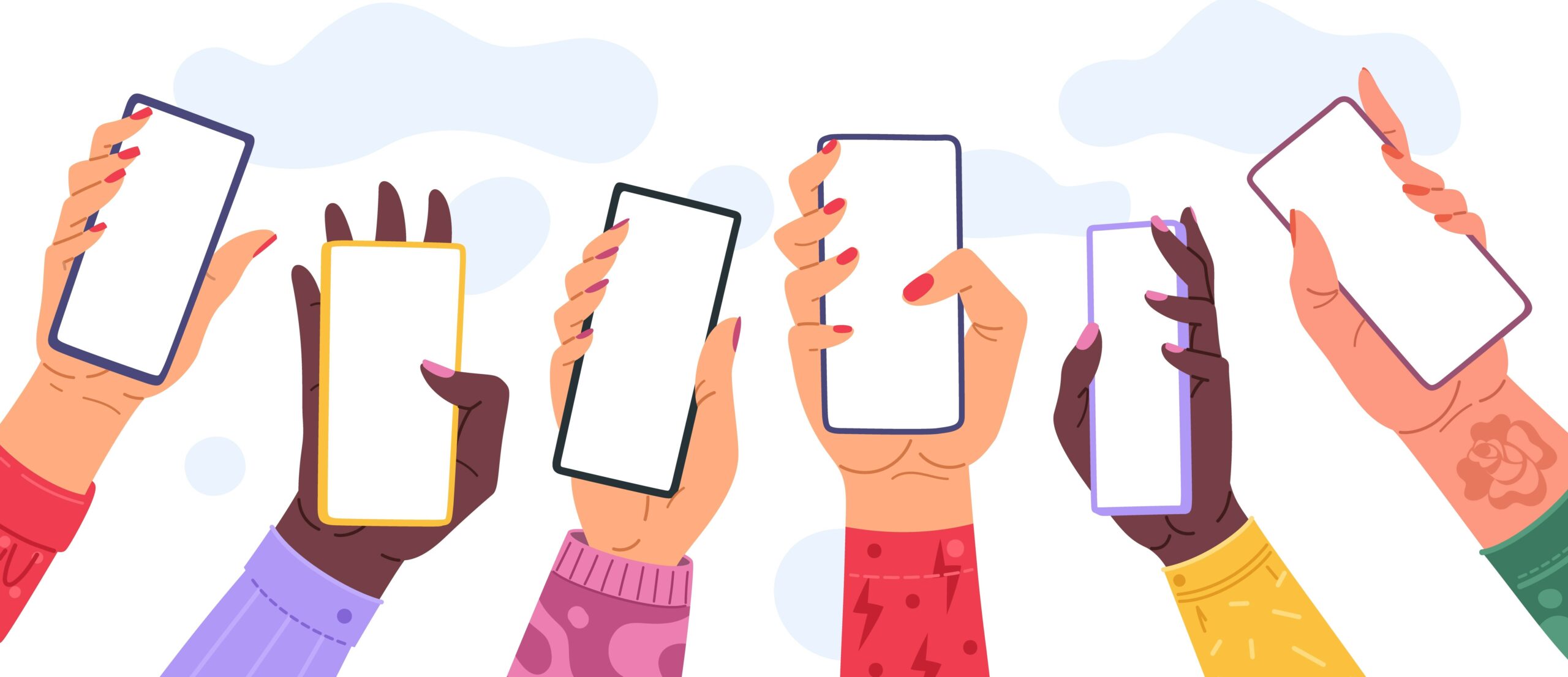 A collection of hands holding phones reaching upwards