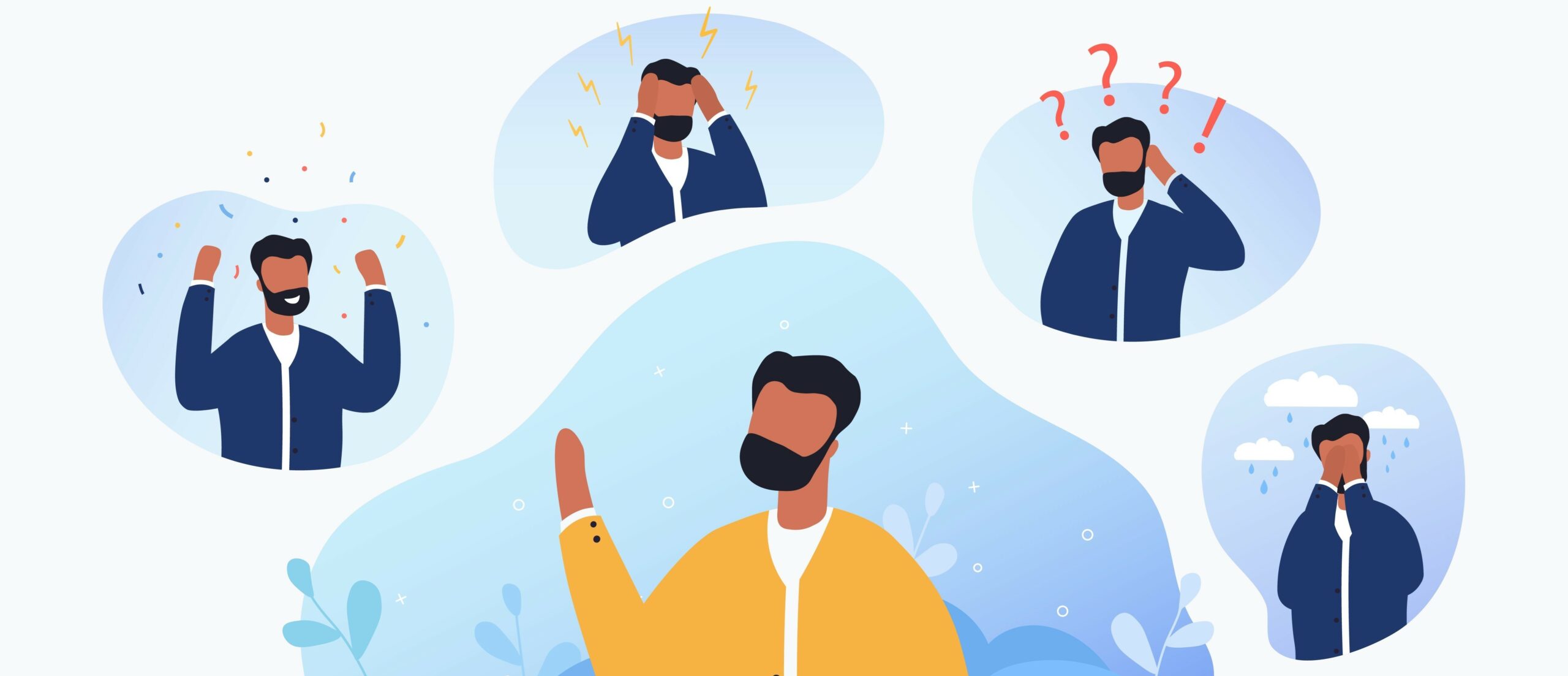 Illustration of a man with images of himself in different moods surrounding him