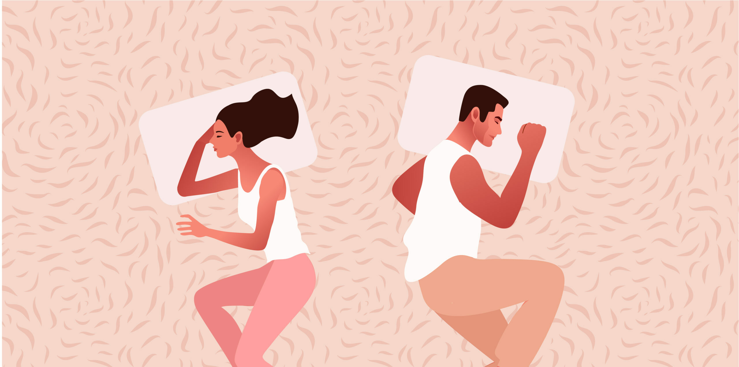 Illustration of a young man and woman sleeping far apart in the same bed