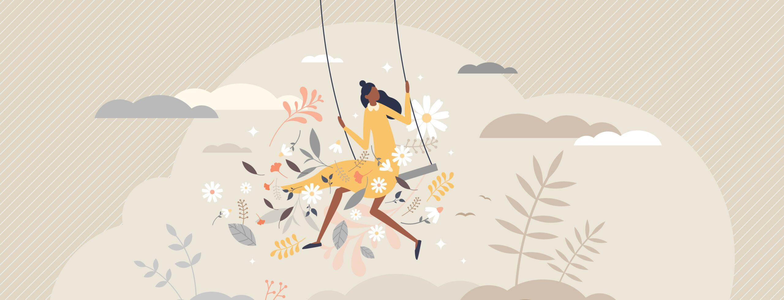 Illustration of a woman sitting on a swing surrounded by flowers and leaves