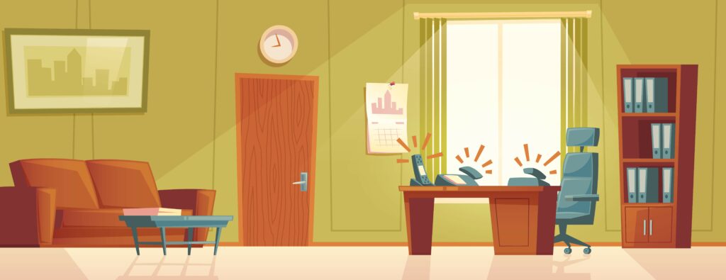 Illustration of a therapist's office with the several phones going off