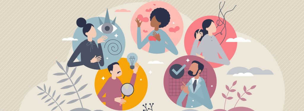 Illustration of several characters floating in separate bubbles, each examining the world around them through heart, mind, or other means